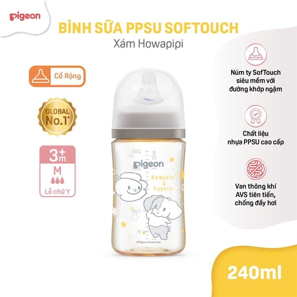 Bình sữa Pigeon PPSU Softouch xám Howapipi