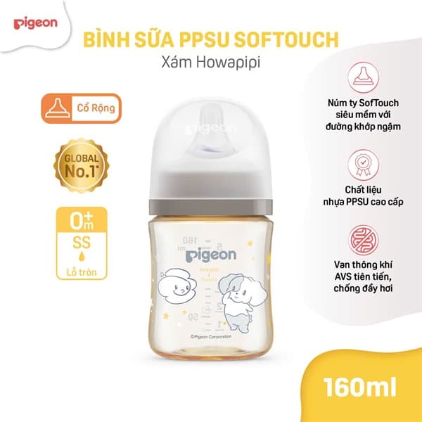 Bình sữa Pigeon PPSU Softouch xám Howapipi - 160ml